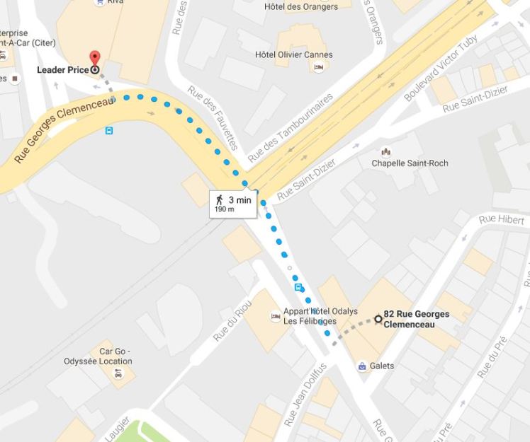 carte_trajet_appartement_leaderprice_190m_3mn_apieds